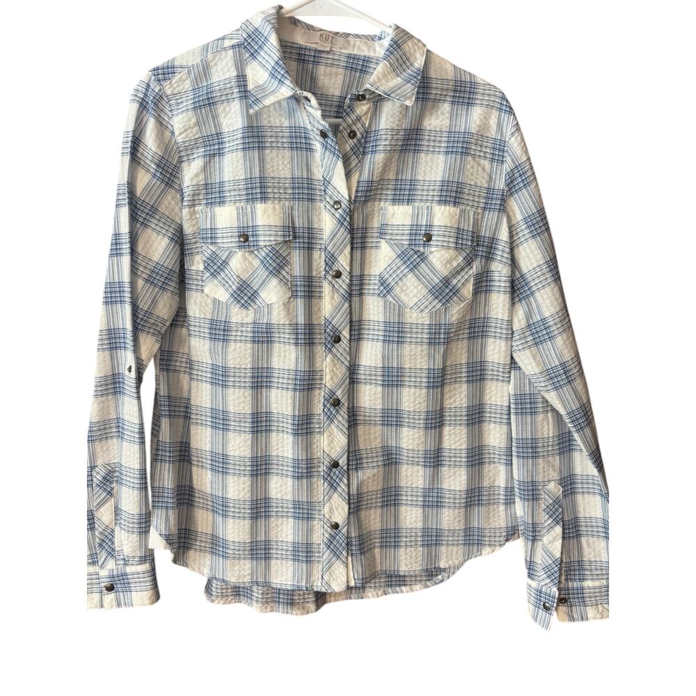 Kut from the Kloth Blue Plaid Snap Front Cotton Shirt Jacket Shacket Small